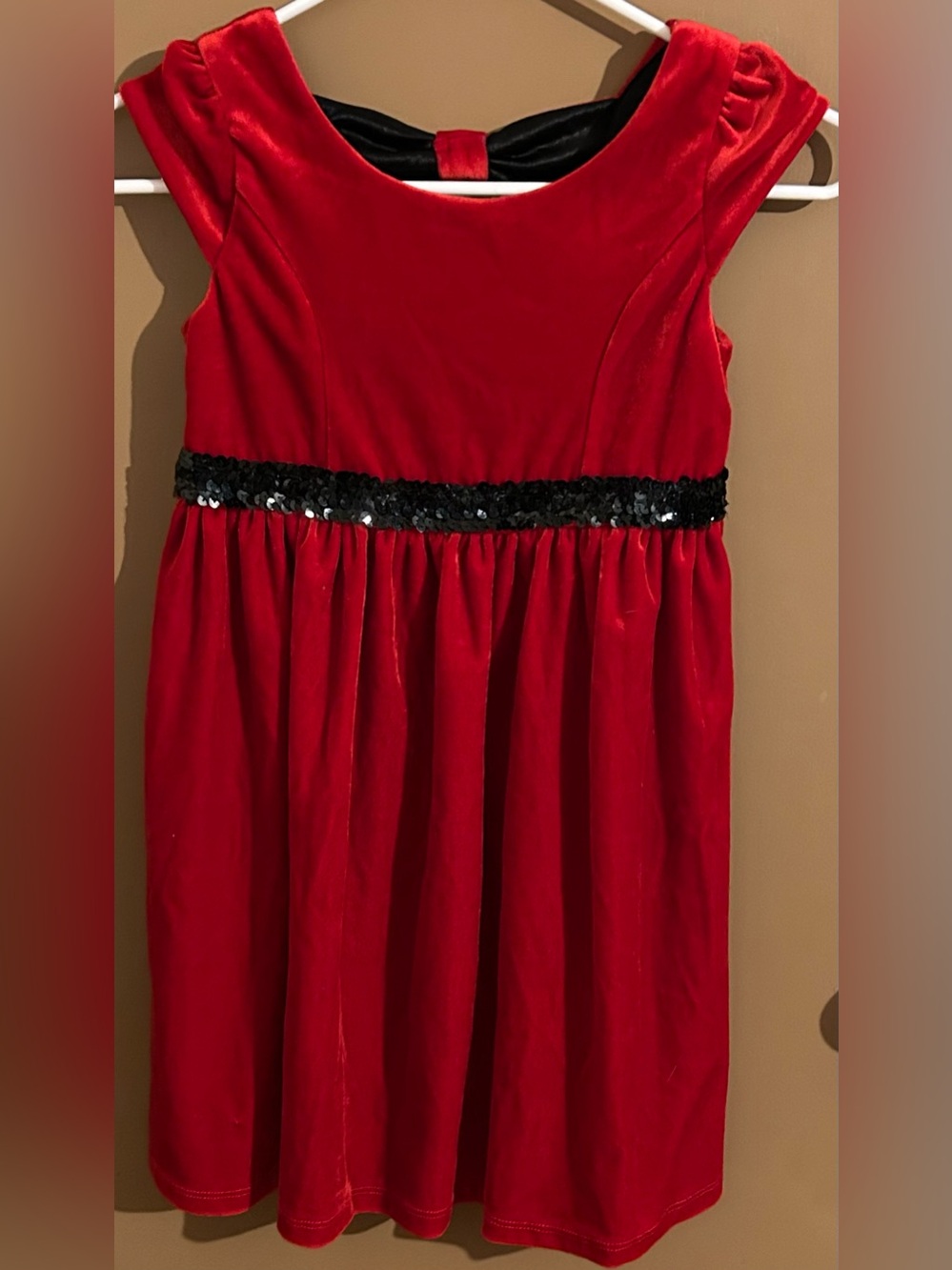 Girls Red Velvet Cap Sleeve Dress (7-8) with Sequins & Under Shorts (7-8)